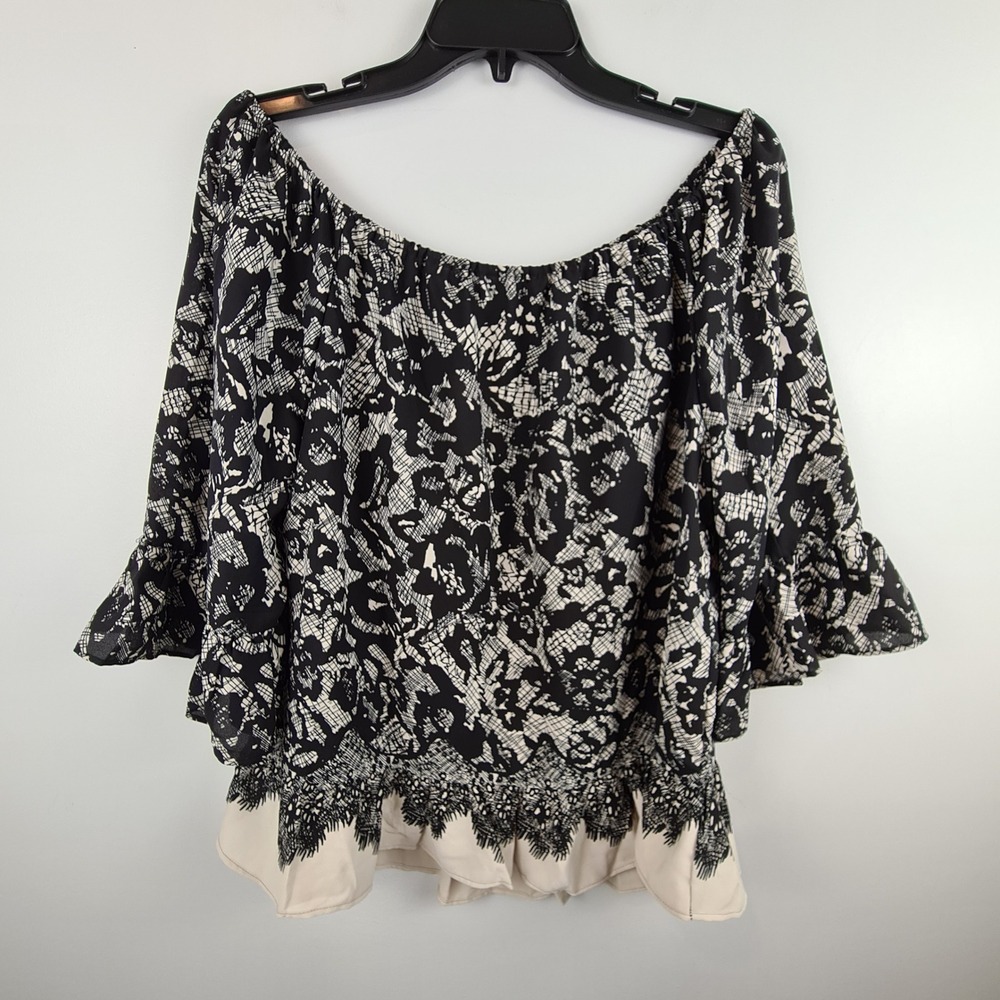 Jennifer & Grace Women Black Cream Lace Print Off Shoulder Ruffle Peplum Top L